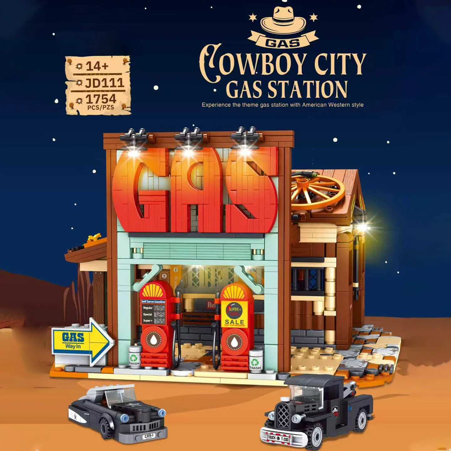 

1754pcs Cowboy Town Car Repair Center Gas Station Street Scene Building Assembly Blocks Children's Educational Toys Gifts