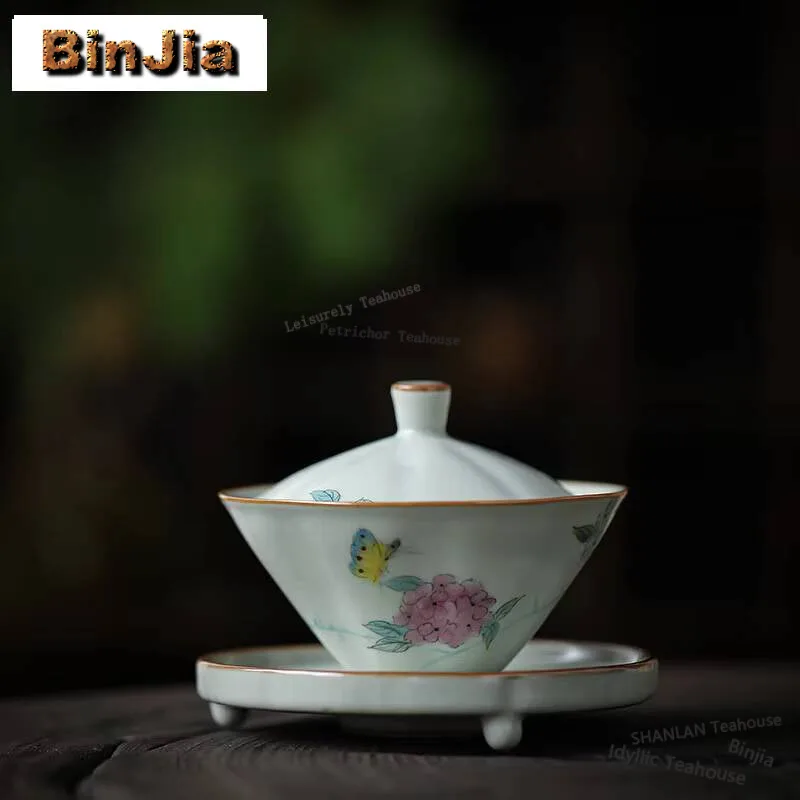 125ml Hand-painted Sakura Gaiwan Handmade Ru Kiln Open Slice Three Talent Tea Tureen Tea Brewing Cover Bowl cha Tea Items Gift