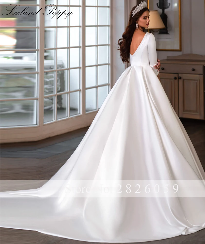 Lceland Poppy Customized A Line Scoop Neck Satin Wedding Dresses Full Sleeves Pearls Beaded V Back Bridal Gowns with Court Train