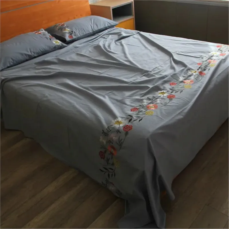 Embroidered Flower Style Bed Sheet Simple Twill Cotton Bed Sheet Single Pcs Twill Cotton Sleeping Sheet Gray Home Bed SheetZI467