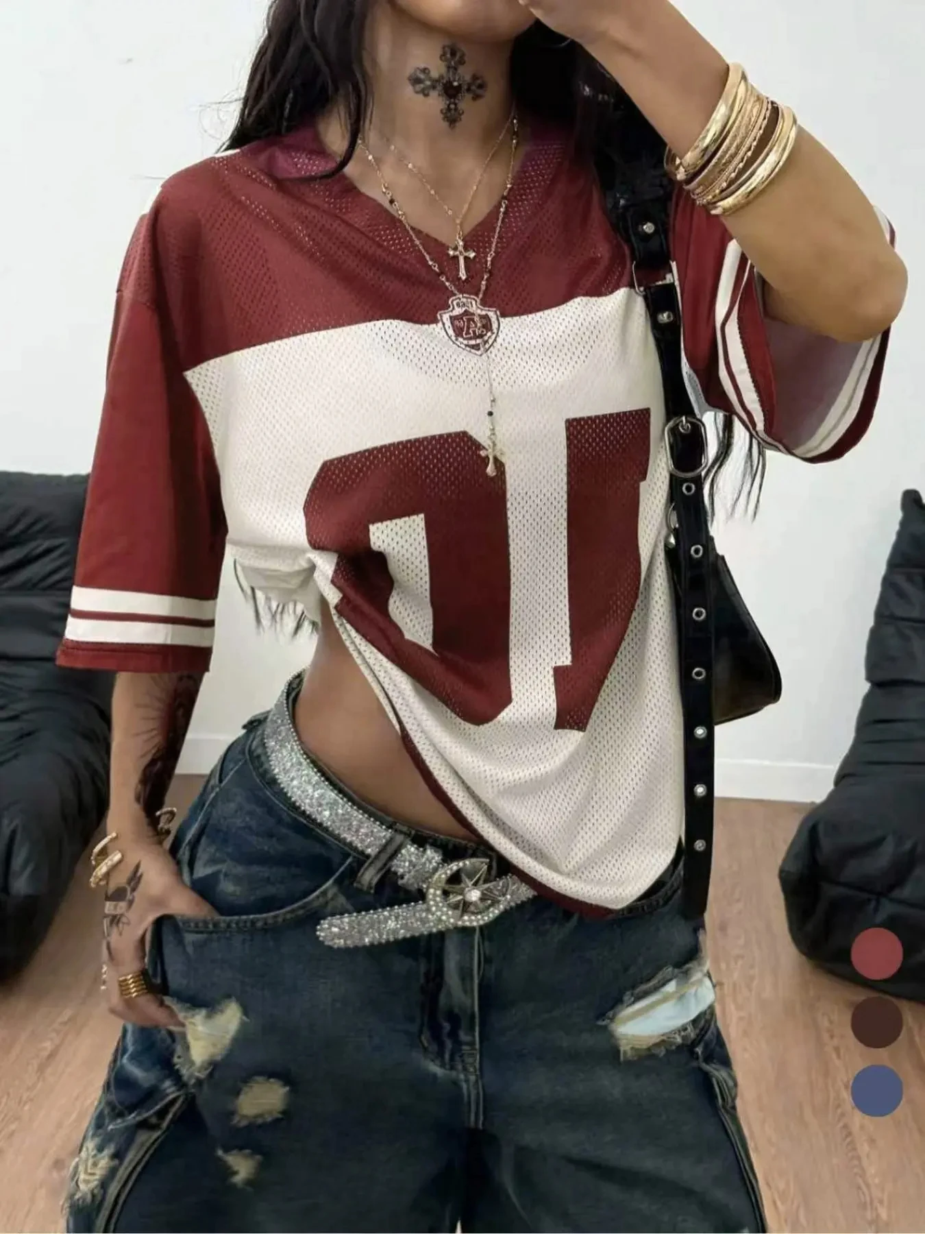 Crest Burgundy White 01 VNeck Mesh Football Jersey Women Oversized Drop Shoulder Y2K Vintage Sporty Summer Casual Streetwear Top