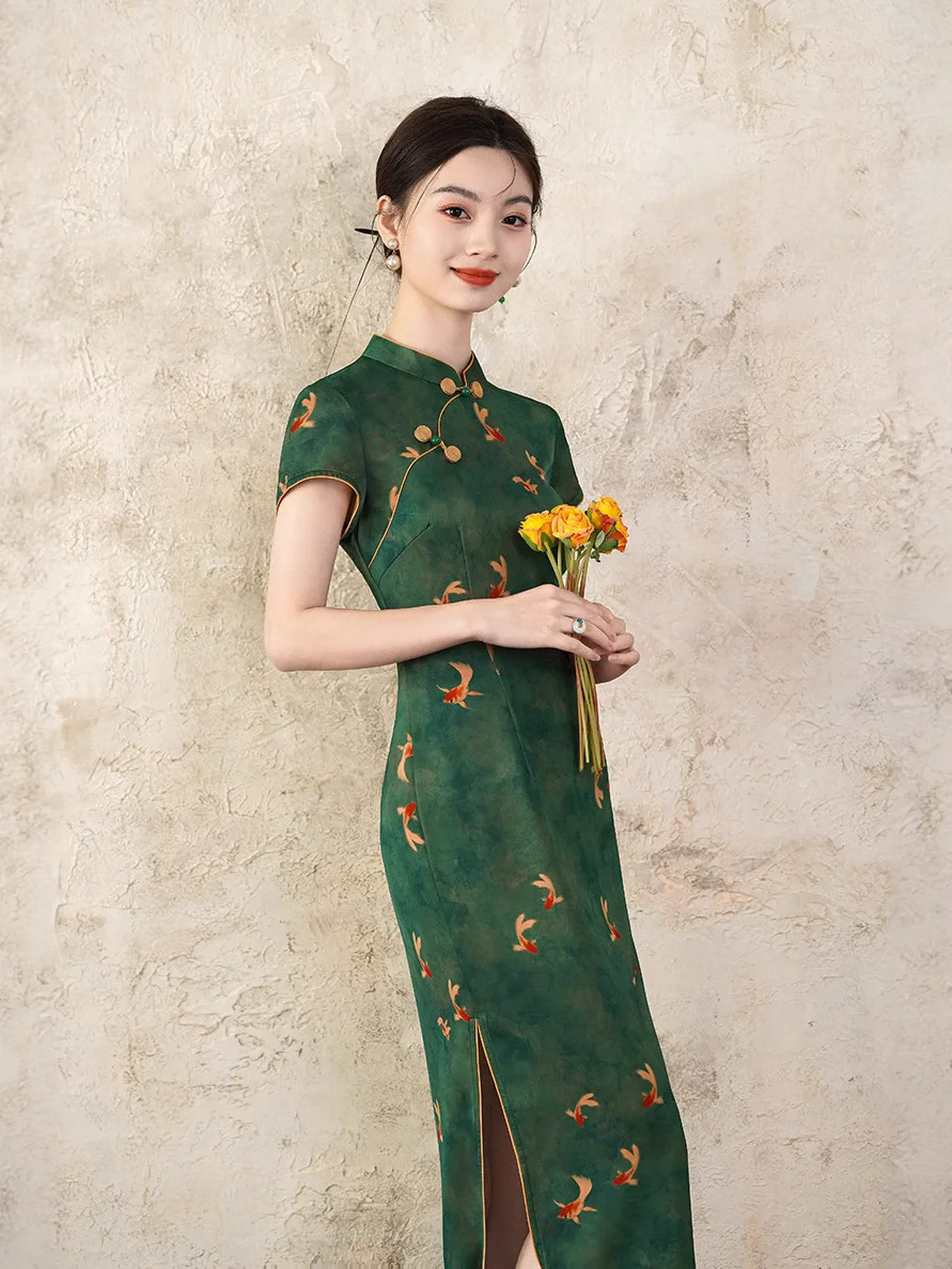 

Women Elegant Qiapo Big Size 3XL 4XL Chinese Style Dress Long Print Evening Party Dressing Gown Sexy Split Vestidos Chesongam