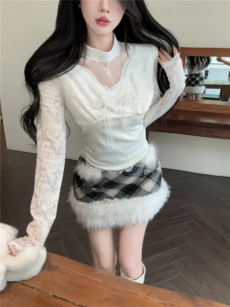 

Французская белая прозрачная кружевная рубашка Топ Шикарные комплекты из двух предметов Платье с воротником-стойкой и бантом Блузка и сетчатая меховая мини-юбка Одинаковые костюмы из двух предметов