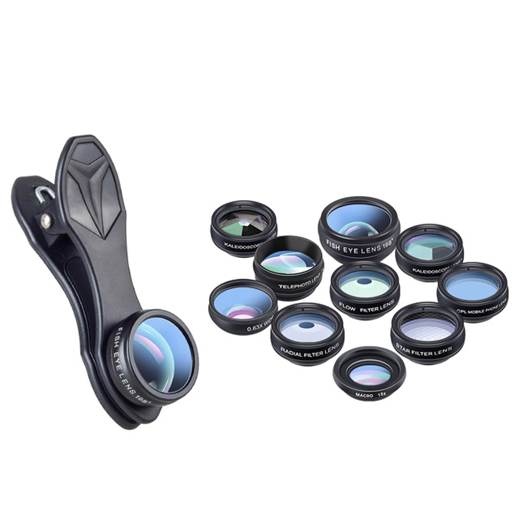 Portable 10-in-1 Fisheye Macro Lens Assortment Set Camping Hiking Mobile Phone Camera Clip-on Lenses Kit Accessory