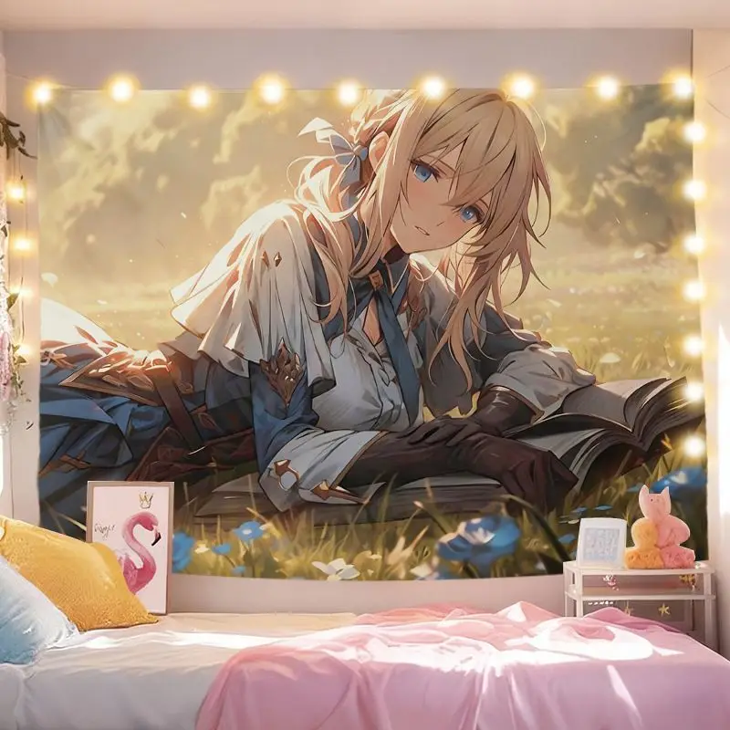 VIKAMA Violet Evergarden Anime Kawaii Aesthetic Tapestry Cartoon Wall Hanging Art Teen Dorm Bedroom Otaku Room Home Wall Decor