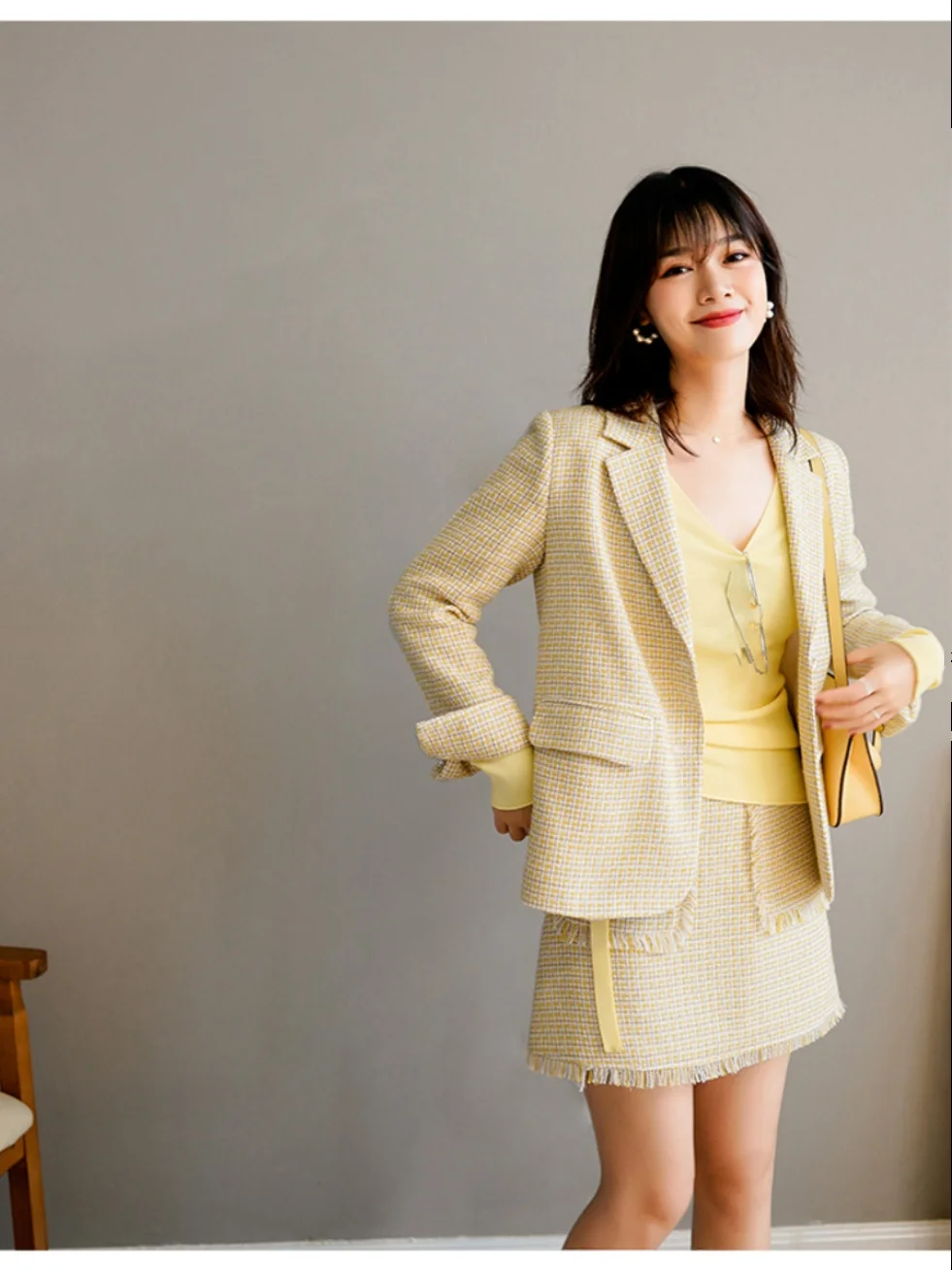 

Yellow Plaid Retro Hong Kong Sle Women's Suit Jaet Set Korean Version 209 Autumn Faion Polyester Blend Workwear