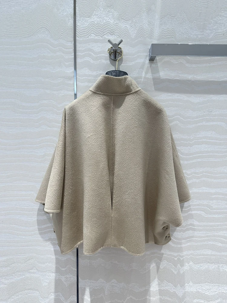 Spring Autumn Fashion Beige Water Ripples Cashmere Blend Cloak Women's Stand Collar Batwing Sleeve Loose Pocket Simplicity Coat