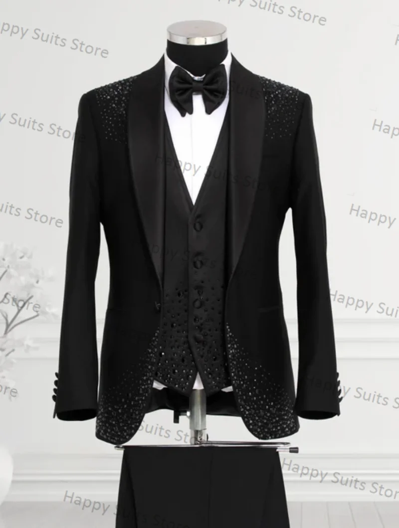 

Crystals Men Suit 3 Piece Blazer+Vest+Pants Formal Office Jacket Coat Wedding Groom Tuxedo Customized Prom Trousers