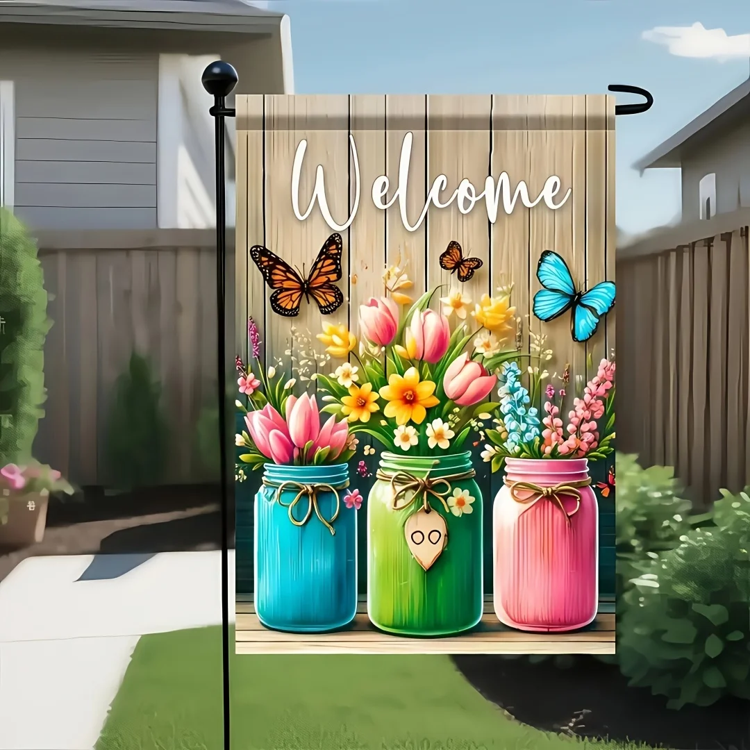A Welcome Garden Flag - with Vibrant Butterfly and Tulip Design, 12x18 Inches, Double-sided Polyester Design, Suitable for Outdoor Lawn Decoration, Yard Decoration, No Electricity, No Poles