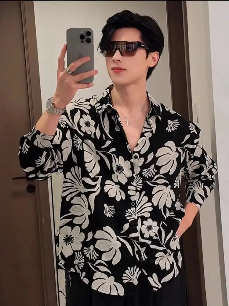 

Мужская рубашка свободного кроя с цветочным принтом тай-дай из ледяного шелка, повседневная, с длинным рукавом, немнущаяся, дышащая, летняя, модная