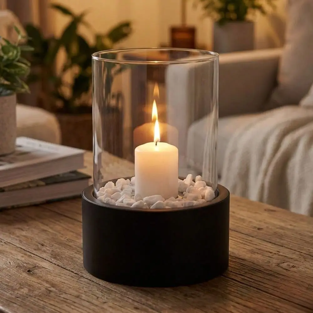 Candle Holder Table Center Decoration Black Base Metal Candlestick With Tempered Glass Suitable For Gathering Party And Gifts