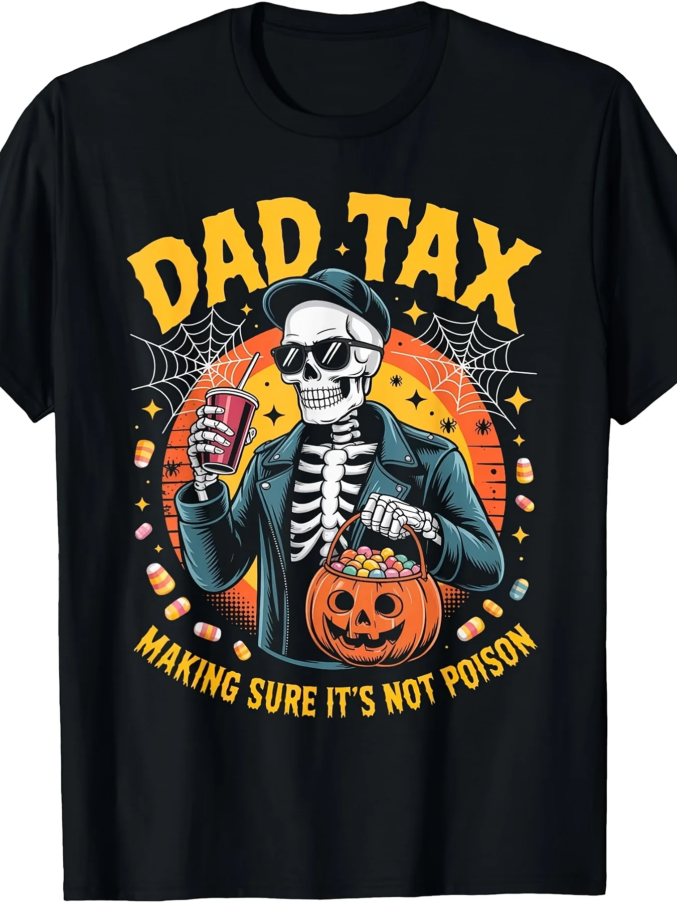 Dad Tax Funny Skeleton Candy Bucket Retro Halloween Vibe TShirtRetro Casual Crew Neck Printed T-Shirt