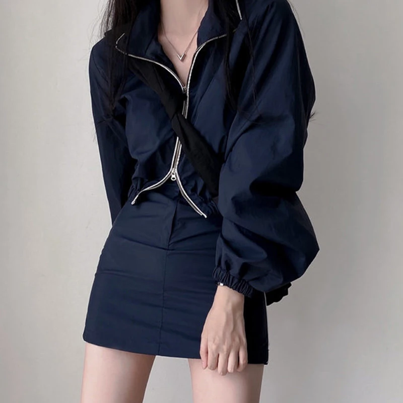 

Chic Autumnal Long Sve Zipper Double Opening Coat with High Waist Flared Skirt Set Faionable Busin Casual Outfit