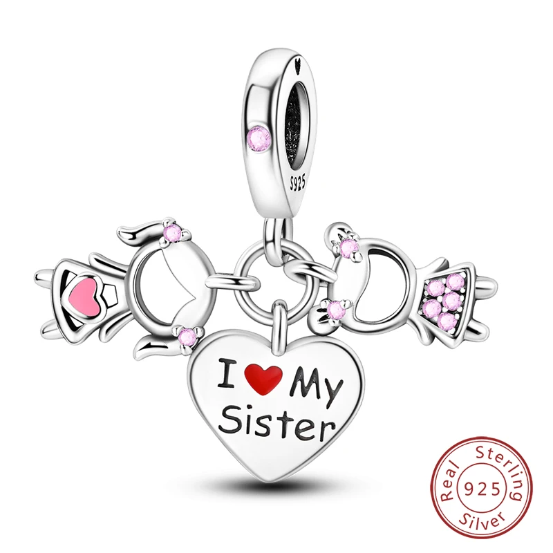 

925 Sterling Silver I Love Sisters Charms Pendant Fit Pandora 925 Original Bracelets DIY Jewelry