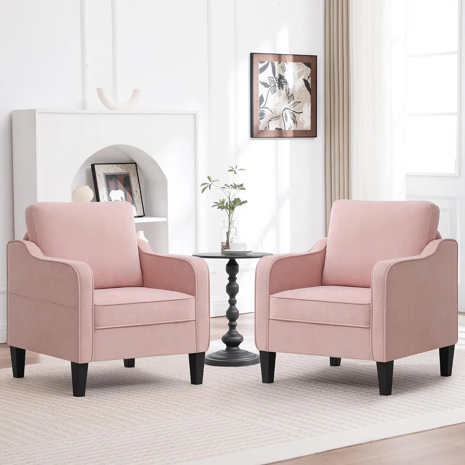 Mid Century Accent Chair Set 2 with Side Pockets, Upholstered Armchair for Living Room Bedroom Office, Pink, Customized