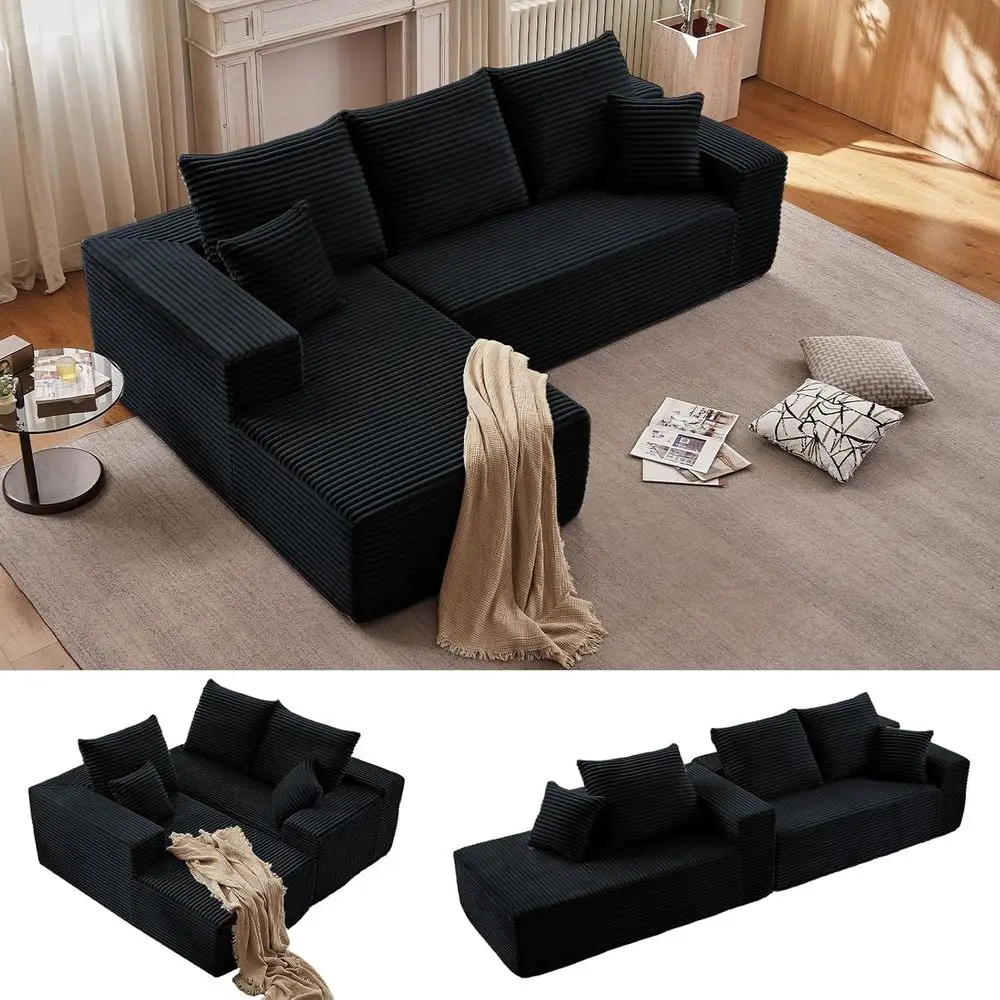 

96 L-Shaped Sectional Sofa with Chaise, Corduroy Fabric, Memory Foam, Deep Seating, Ready to Use (Black)