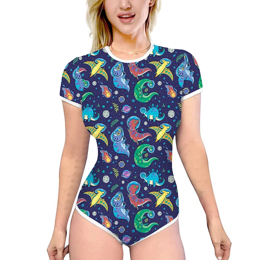 المرأة ضئيلة رومبير الكرتون طباعة قصيرة الأكمام جولة الرقبة Playsuit المنزل ملابس خاصة مثير ارتداءها مريحة