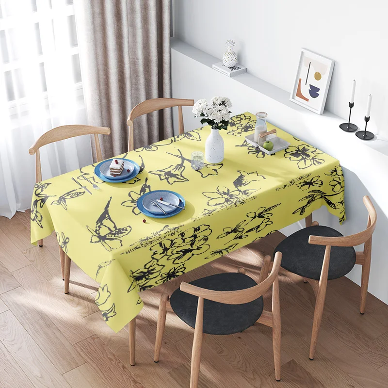 Vibrant Yellow Tablecloth with Black Floral Design for Dining Room Decor Modern Kitchen Linens Easy Care Fabric (120 x 240 cm)