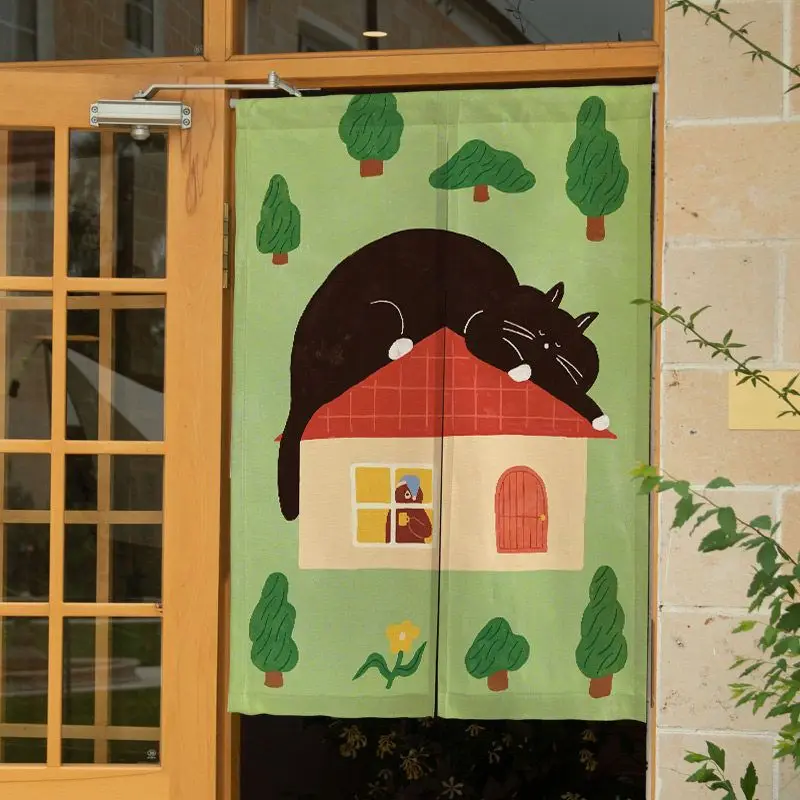 VIKAMA Handgezeichneter Schwarzer Katzen-Haus-Noren-Spalttürvorhang Raumteiler Sichtschutzvorhang für Wohnzimmer Apartment Heimdekoration