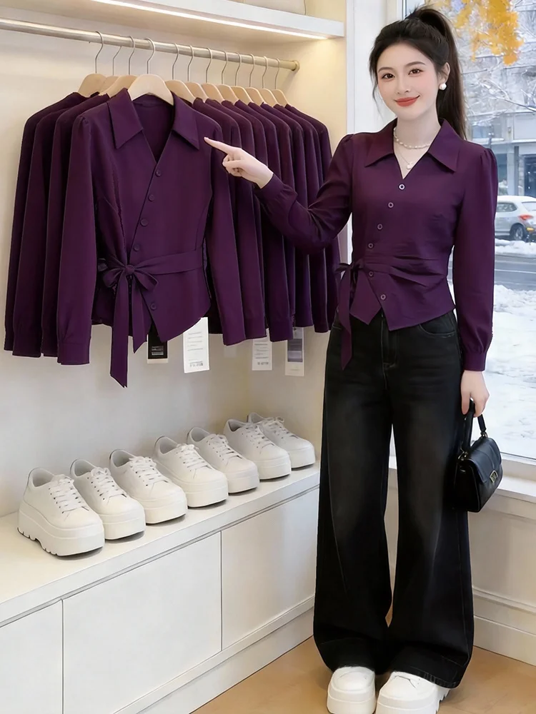 

Повседневная женская блузка с длинным рукавом, асимметричного кроя, приталенная, универсальная, весенняя новинка, дышащая, приятная к телу, с V-образным вырезом, открытая.