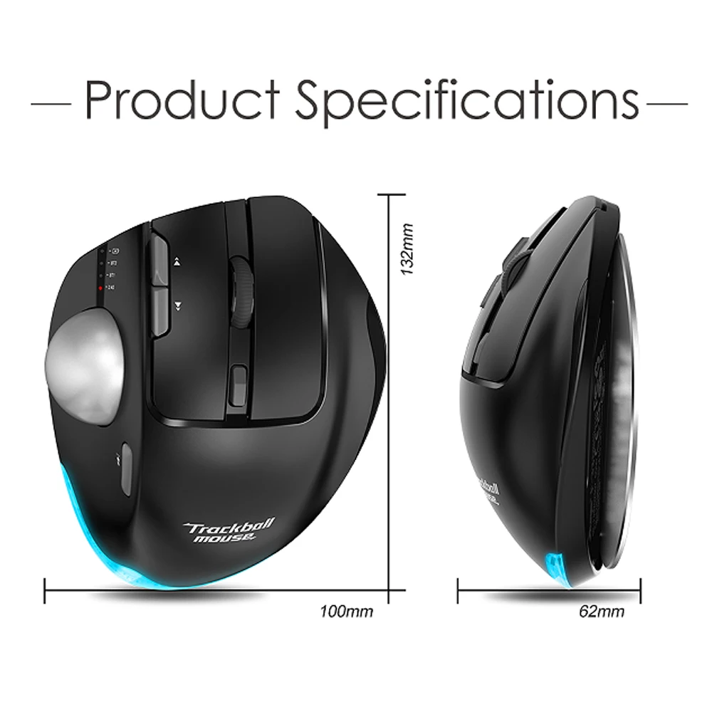 Lefon-Mouse Trackball Ergonômico Bluetooth Sem Fio, Ratos Rollerball RGB Recarregáveis para PC, Computador, Laptop, Escritório, 2400DPI