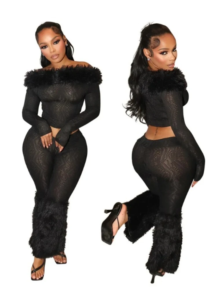 

2025 Spring Women's Set Long Sleeve Fur Slash Neck T-shirt + Pants Sexy Streetwear Two 2 Piece Sets Outfits Tracksuit