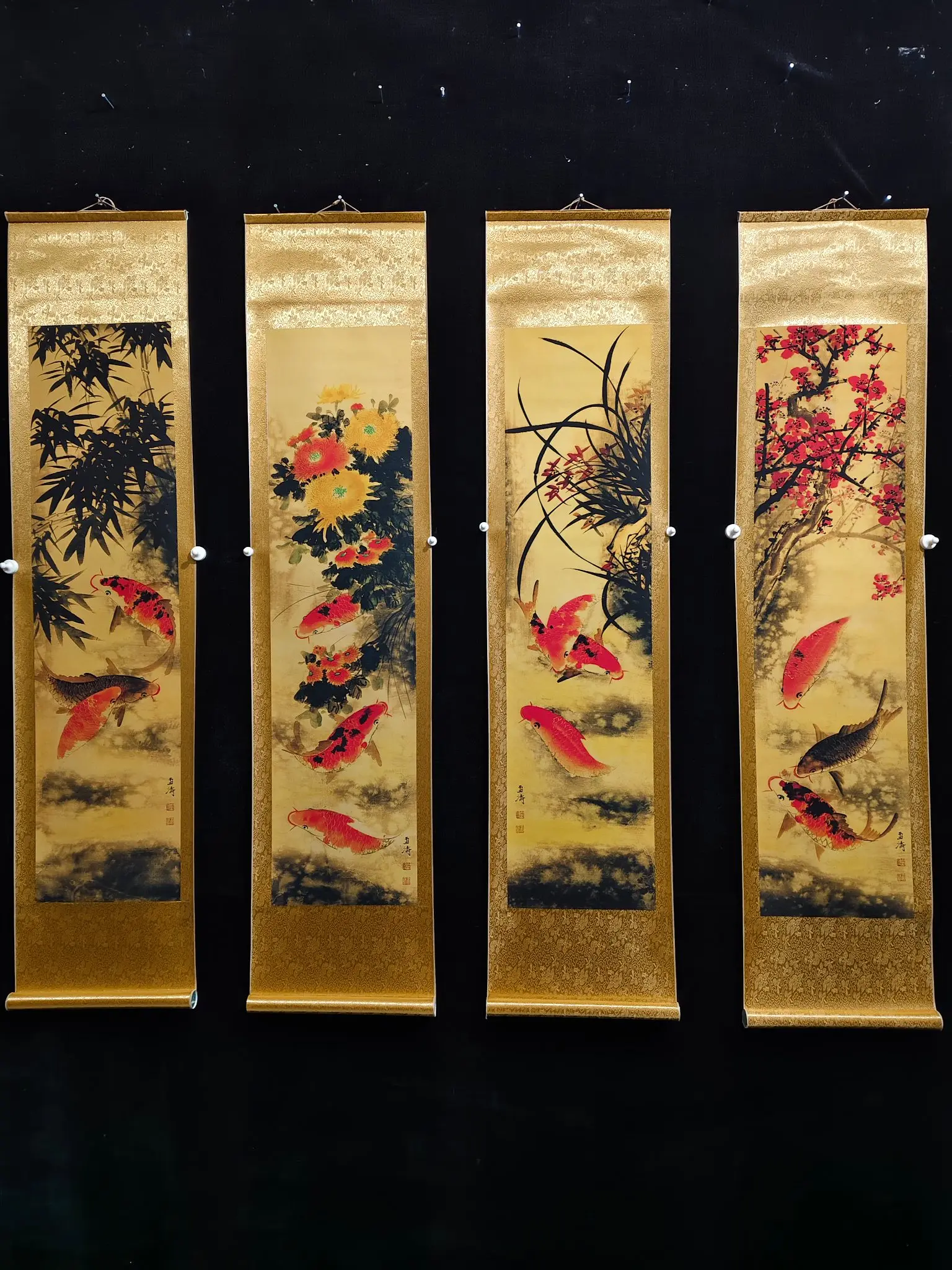 

Old Chinese hand-painted long scroll,Goldfish (Prosperity and Abundance) Painting Scroll,4 pieces/pack