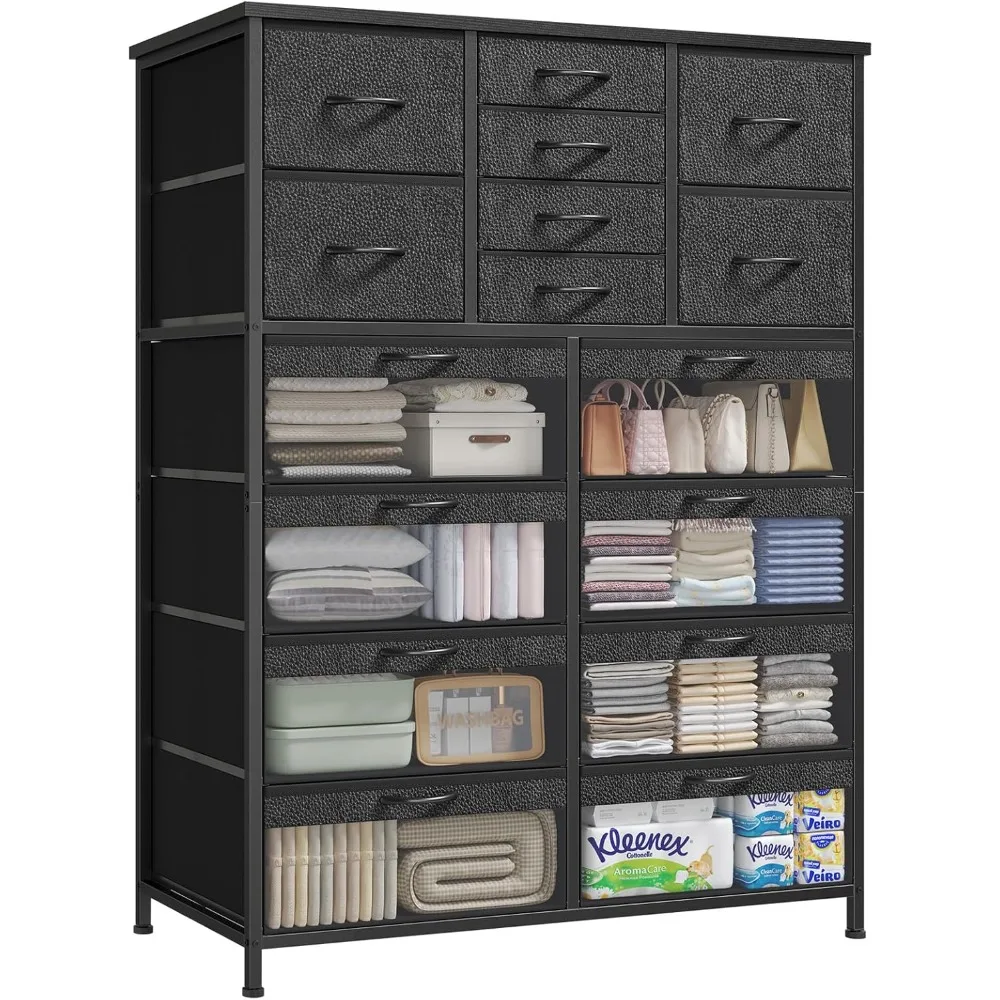 

16 Drawer Dresser, 8 Clear & PU Reversible Drawers, Tall Dresser for Bedroom, Fabric Storage Cabinet, Metal Frame, Organizer Cab