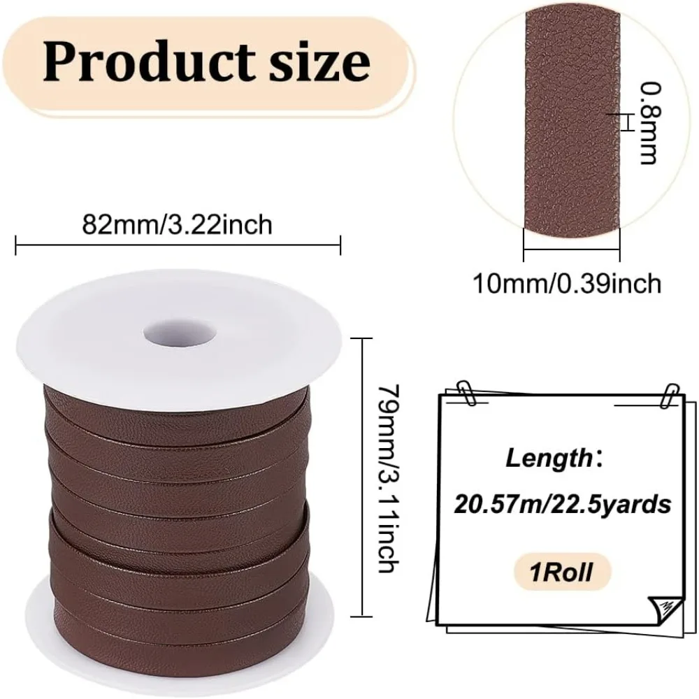 1Roll 22.5 Yards Coconut Brown Flat PU Leather Strips 10mm Leather Trimming Tape Double Sided Leather Bias Tape for Bags Shoes