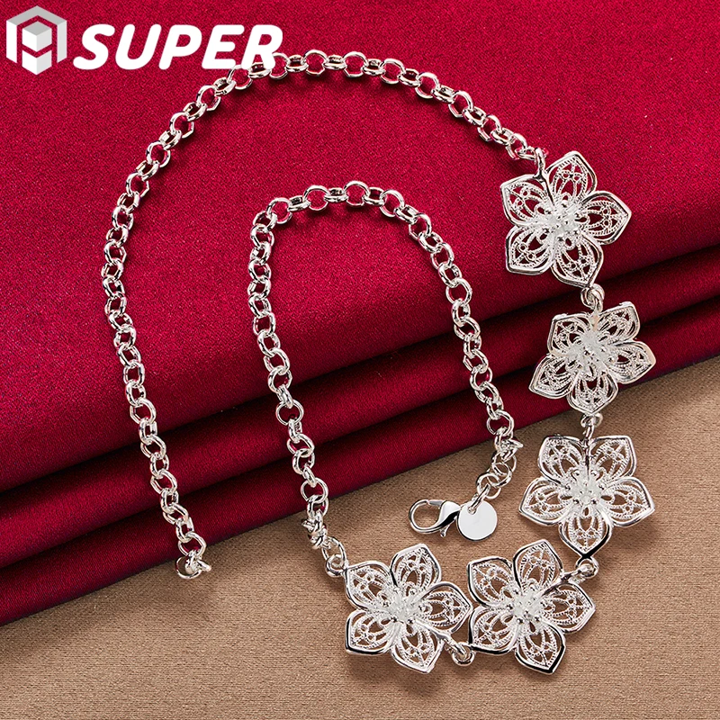 

925 Sterling Silver 20 Inch Five Flower Pendant Necklace Chain For Women Fashion Wedding Party Charm Jewelry