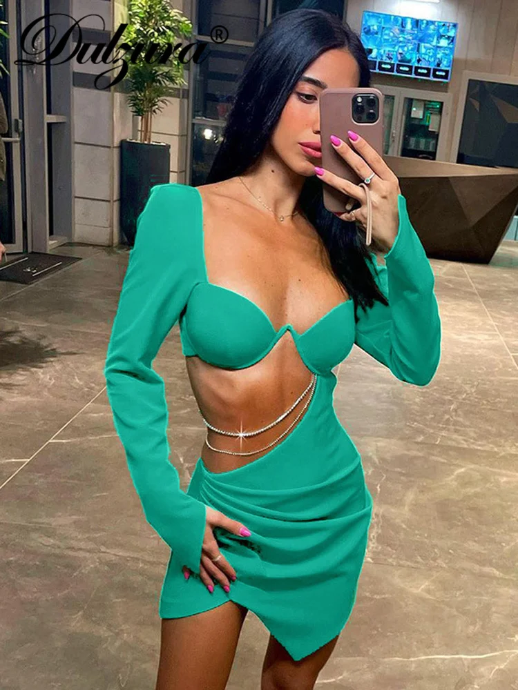 Dulzura elegancki łańcuch Ruched Sexy Y2K ubrania drążą z długim rękawem Backless Bodycon Mini sukienki dla kobiet 2022 Club Party