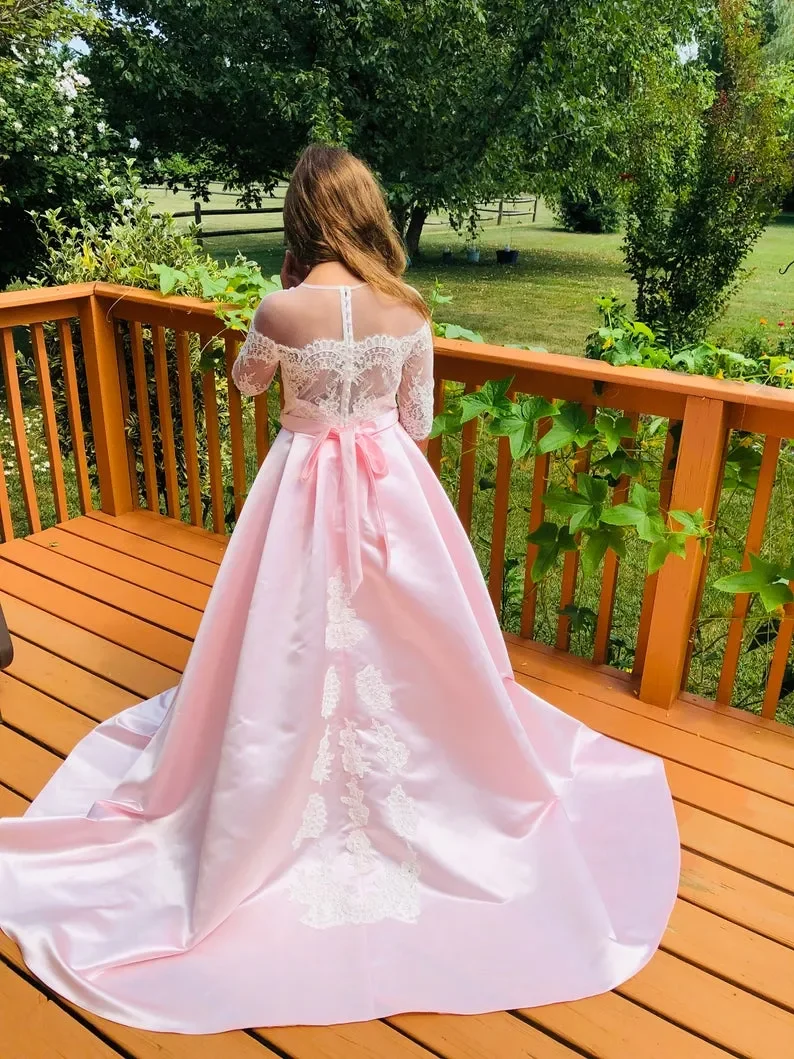 2024 moda vestido da menina de flor para vestidos de festa de casamento uma linha até o chão manga curta rendas apliques primeira comunhão vestido