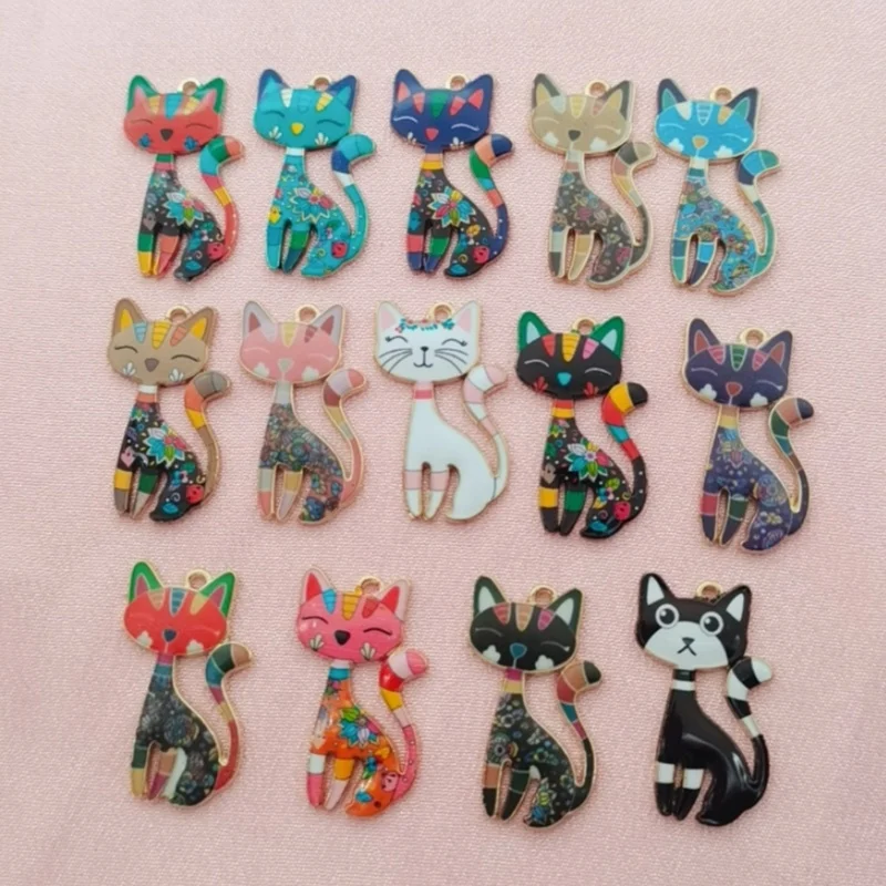 14 color alloy printed standing cat pendant, DIY jewelry making earrings necklace keychain accessories