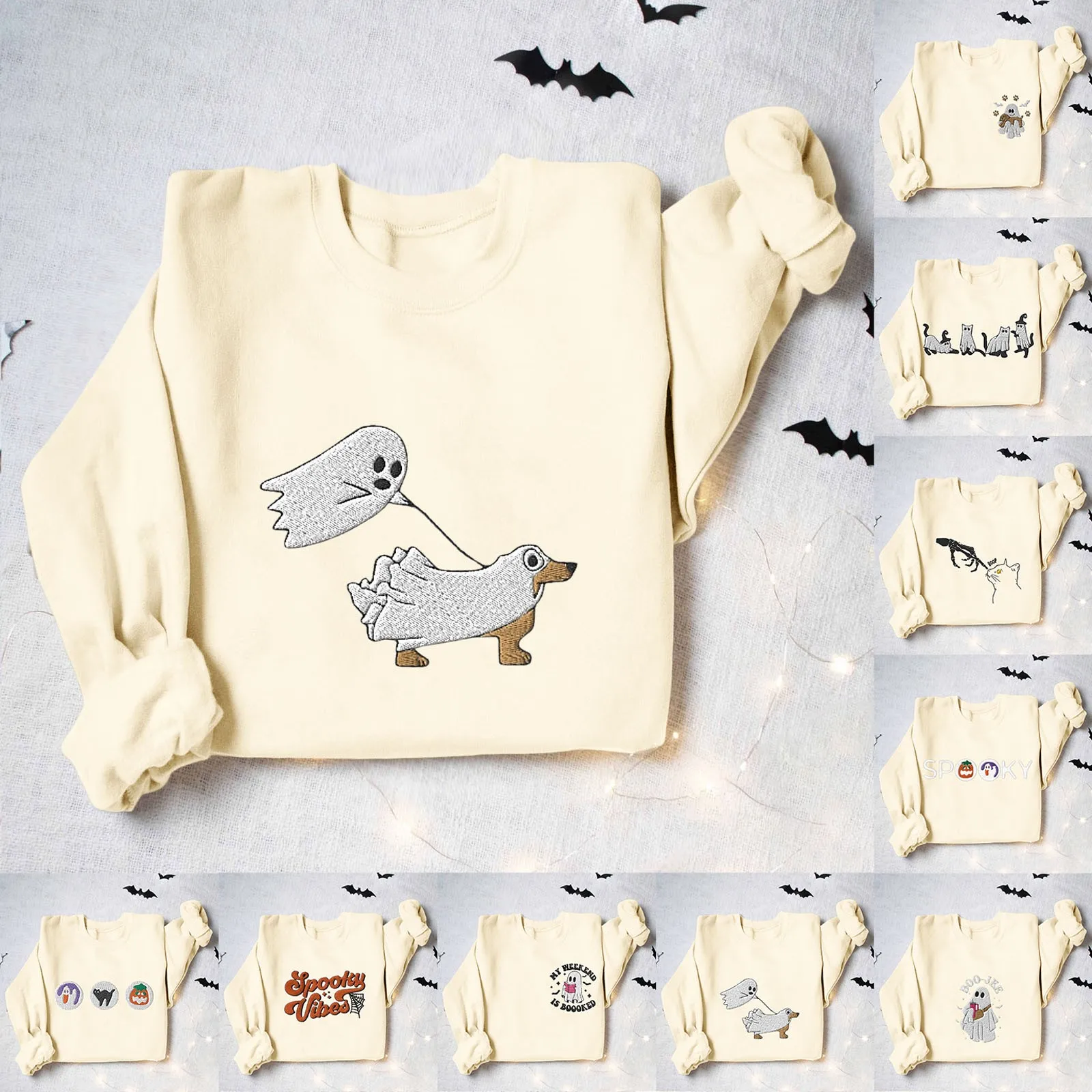 

Women'S Halloween Hoodie Ghost Lead Dog Cute Fun Printed Hoodie Crewneck Long Sleeve Warm Jumper Beautiful Chic Casual Pullover