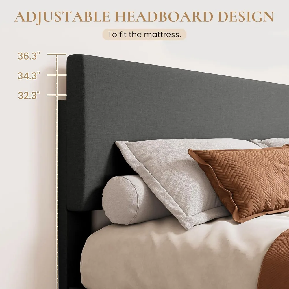 Cadre de lit plateforme pleine grandeur avec tête de lit réglable, tissus d'ameublement en tissu et lattes en bois, assemblage facile, gris foncé
