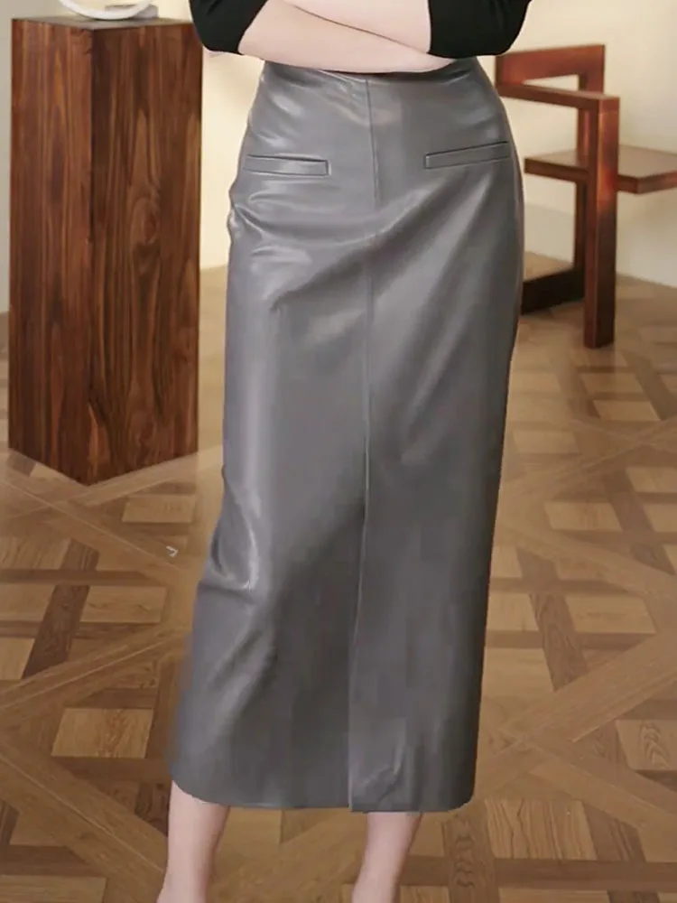 Falda de cuero PU de cintura alta con diseño asimétrico drapeado y efecto cemento, sensación de moda para primavera y otoño, nueva colección para mujer.