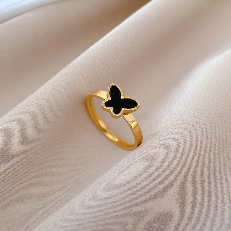 Lucky99 Stainles Steel Black Butterfly Rings For Women Fashion Simple Colorfast Gold Color Finger Ring Female Party Jewelry Gift