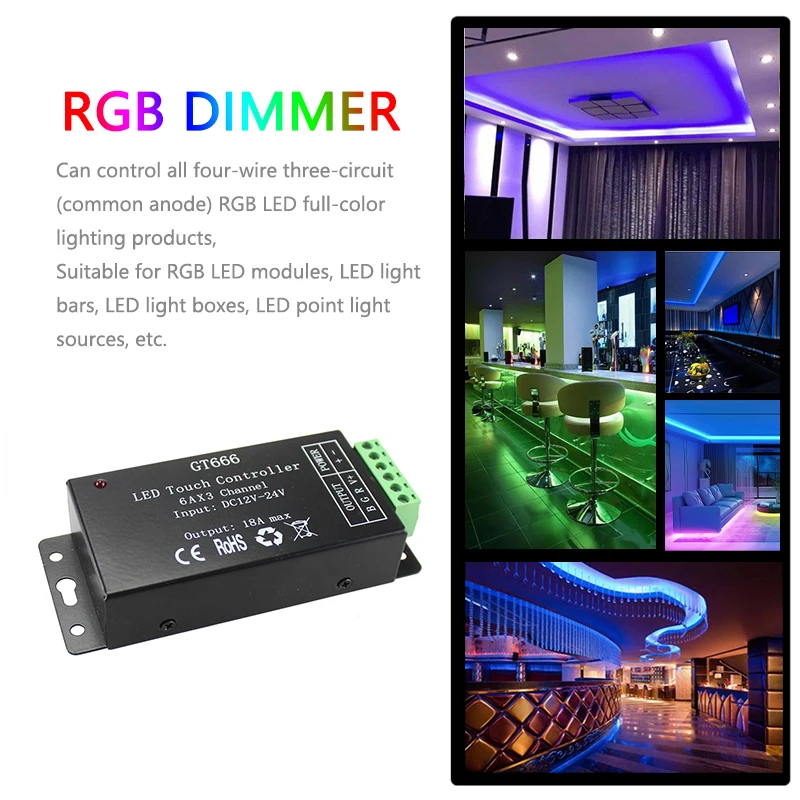 3CH RGB Controller DC 12V 24V 18A High Power LED Dimmer with Touch 6 Key &Color Ring RF Wireless Remote for Strip Light Fixtures