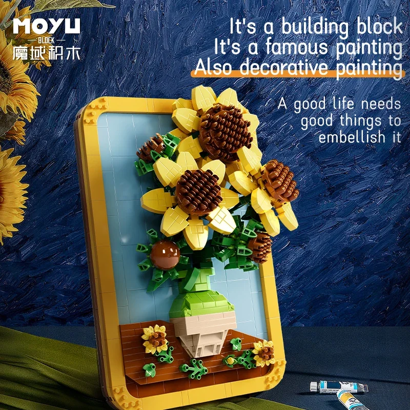 Bloques de construcción creativos de girasoles de Van Gogh, pintura de fama mundial, imagen de grito, arte, Micro ladrillos, decoración del hogar, juguetes, regalo