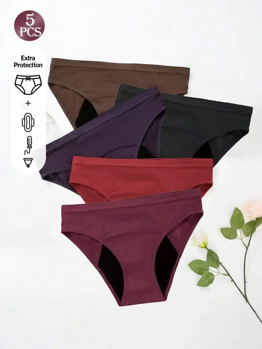 

5 Pcs Women Solid Color Absorbent Leak Proof Period Panties High Elastic Breathable Menstrual Underwear