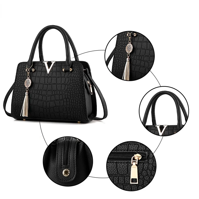 Fashion Women Handbags Tassel PU Leather Totes Bag Top-handle Embroidery Bag Shoulder Bag Lady Simple Style Crocodile pattern