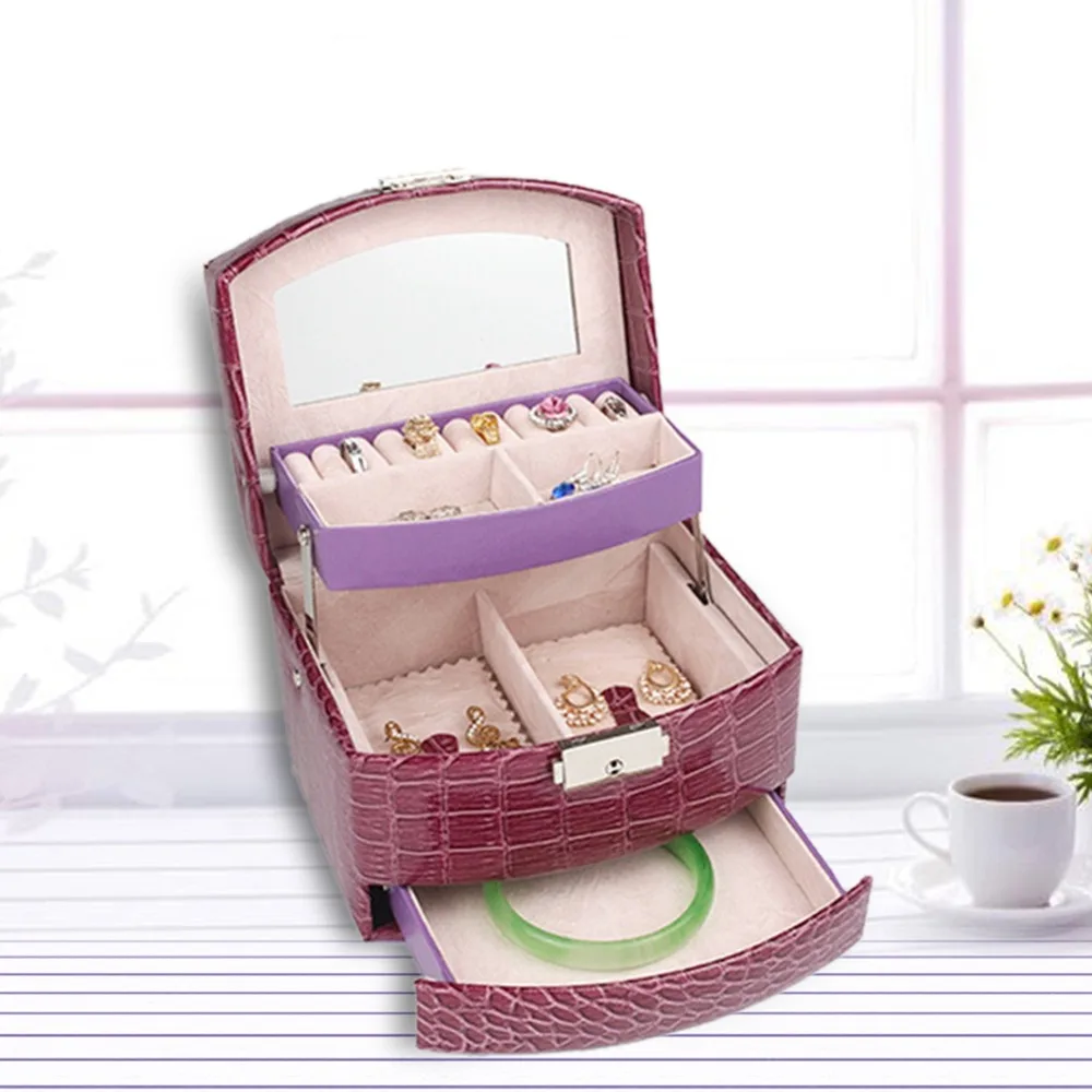 Lightweight PU Leather Jewelry Box Three-layer Portable Jewellery Organizer Purple Accessory Container Women Storage