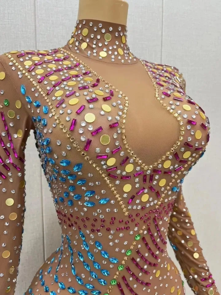 ชุดราตรีวันเกิดปาร์ตี้คลับเครื่องแต่งกายผู้หญิง Sparkly Rhinestone ดูผ่านตาข่ายยืดหยุ่นผู้หญิงชุดยาว