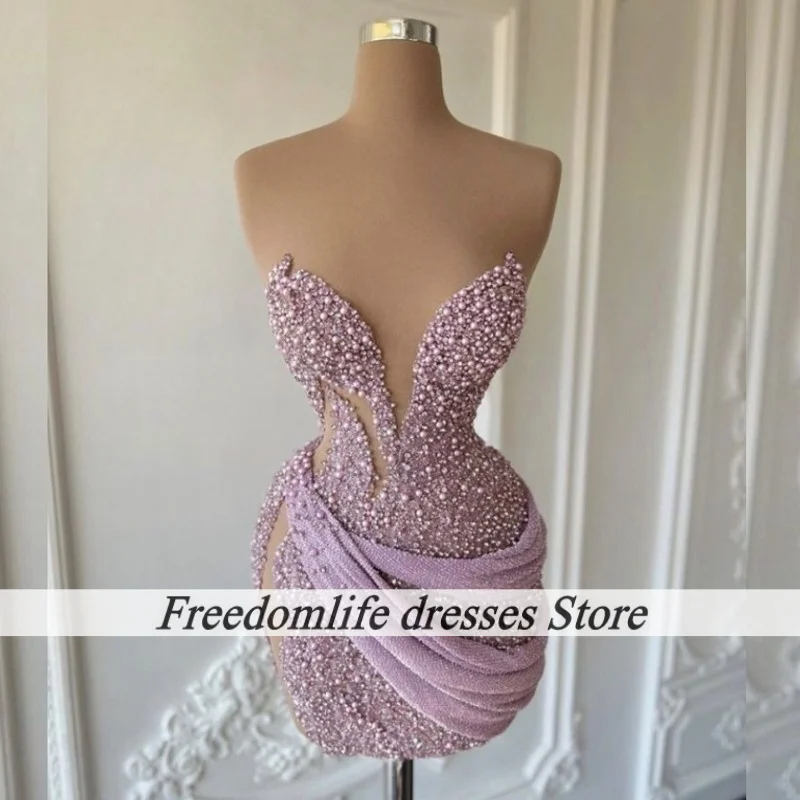 Helllila Schatz-Mini-Heimkehrkleid Luxuriöse Perlenrüschen Ballkleider Cocktailkleider Vestido De Festa Maßgeschneidert