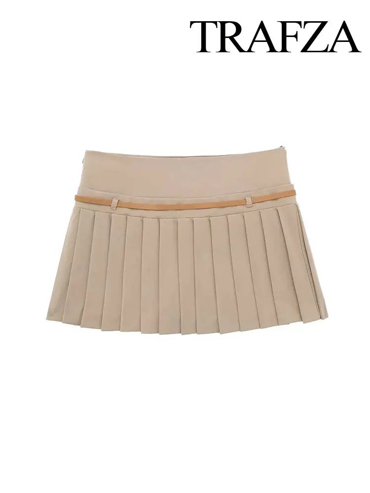 TRAFZA 2024 Summer Women\'s Retro Spliced ​​Leather Belt Skirt High Waist Chic Pleated Women\'s Zipper Mini Skirt Streetwear