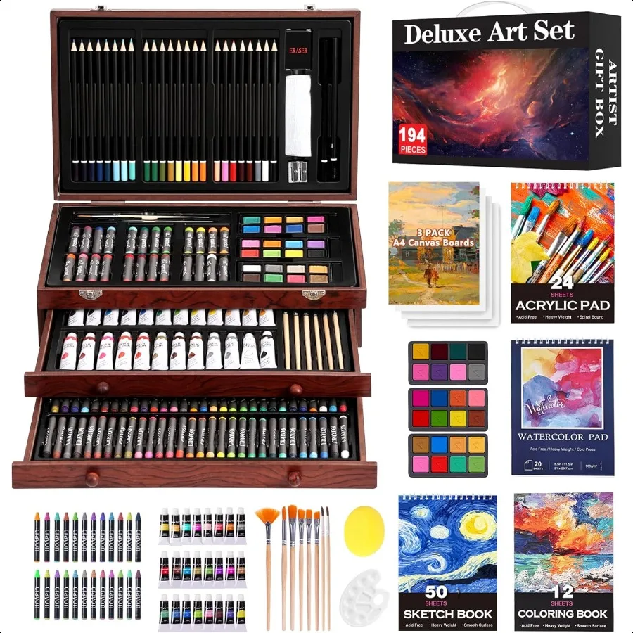 

194 Piece Deluxe Art Set Painting Drawing Art plies with 4 Drawing Pads Acrylic Paints Crayons Colored Pencils Set in Wooden Ca