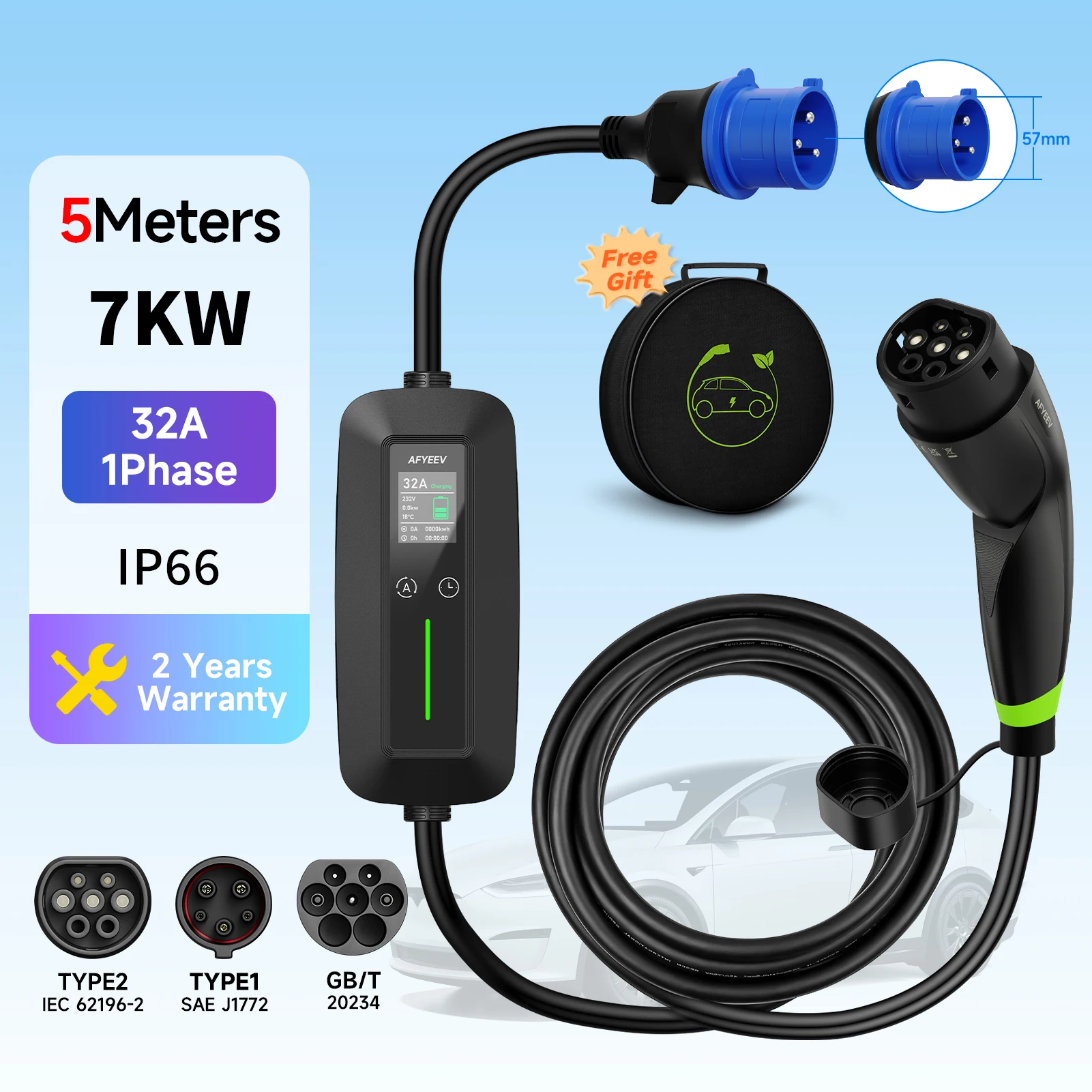 7KW 32A 1Phase Portable EV Charger Wallbox Type2 Cable CEE Plug EVSE Type1 Charging Box j1772 Adapter for Electric Vehicle