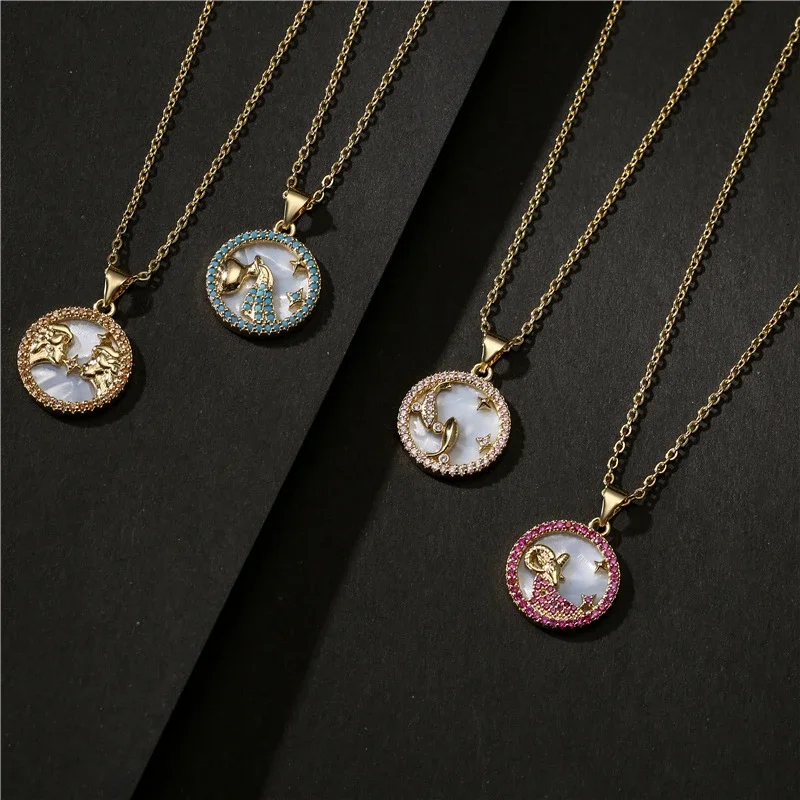 Designer 12 Constellations Necklace for Women Zodiac Necklace Gold Color Zircon Shell Star Jewelry Mothers Day Gift