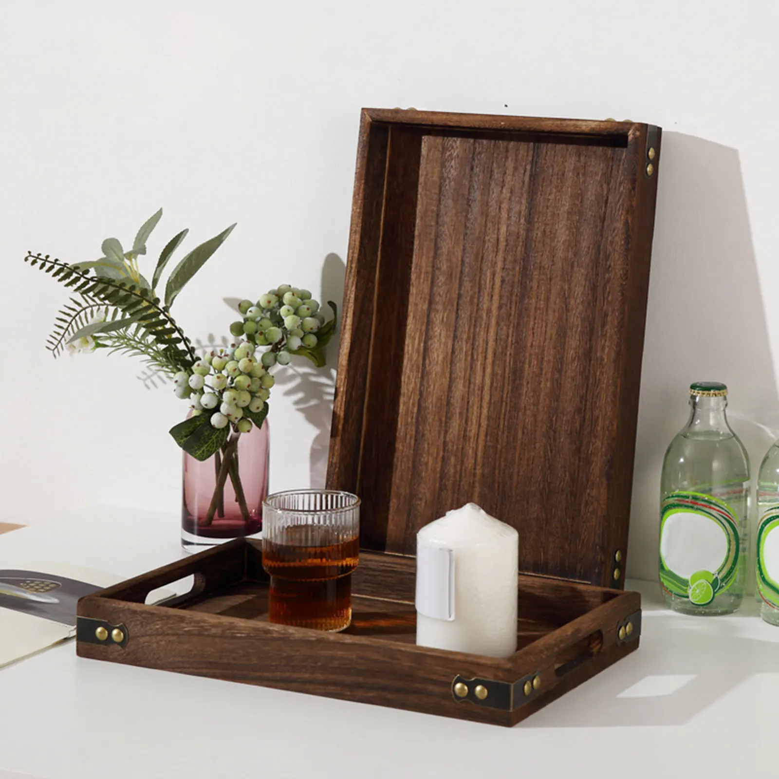 Wooden Serving Tray with Handle Eating Tray Easy to Clean Convenient for Countertop Centerpiece Decorative Rustic Rectangular