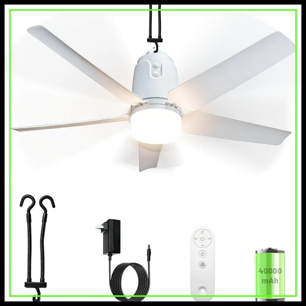 

31.5'' Portable Ceiling Fan with Light, 40000mAh Battery, Remote Control, 4 Speeds, Dimmable 3000K-6500K for Patio, Camping